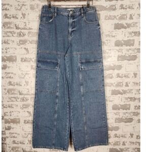 Forever 21 Cargo Jeans Women 27 Wide Leg‎ Relaxed Fit Mid Rise Medium Wash Denim